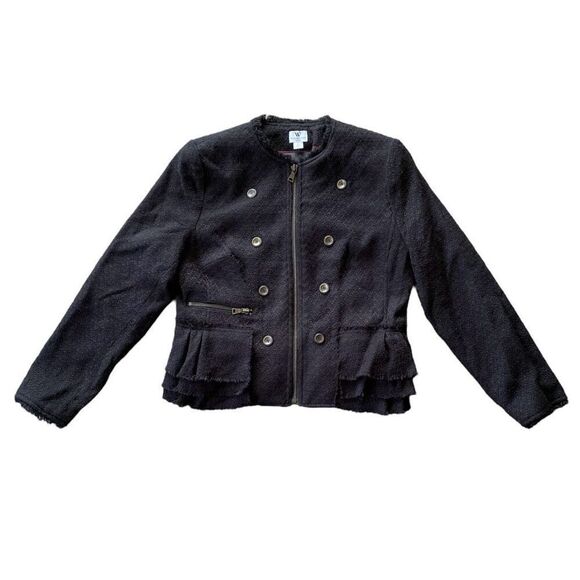 Worthington Black Tweed Zip Up Ruffled Peplum Jacket NWT Size Petite Large - Picture 1 of 5